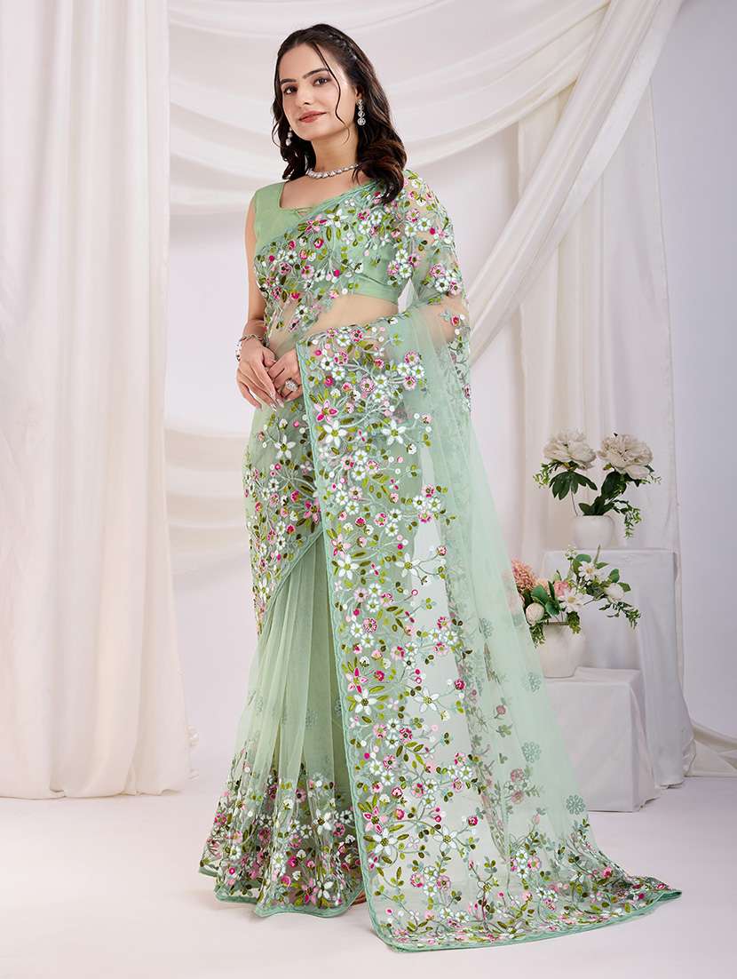 women green embroidered saree with blouse - 21721823 -  Standard Image - 2