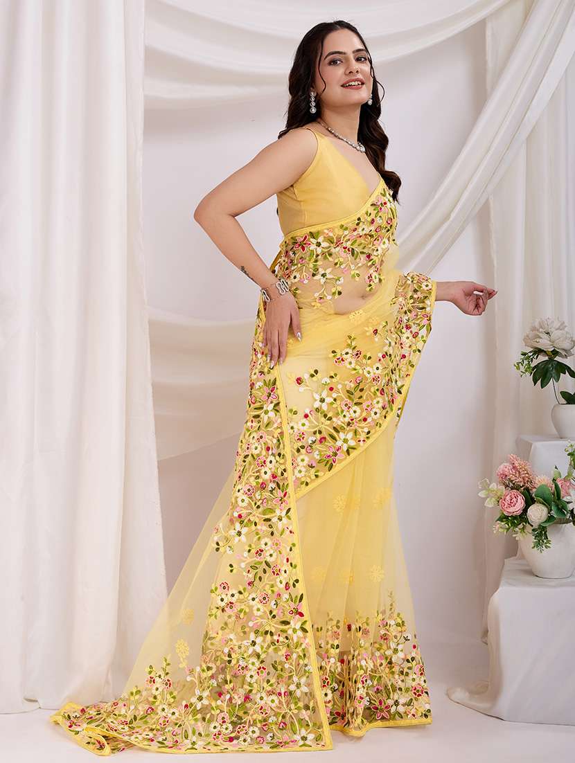 women yellow embroidered saree with blouse - 21721826 -  Standard Image - 2