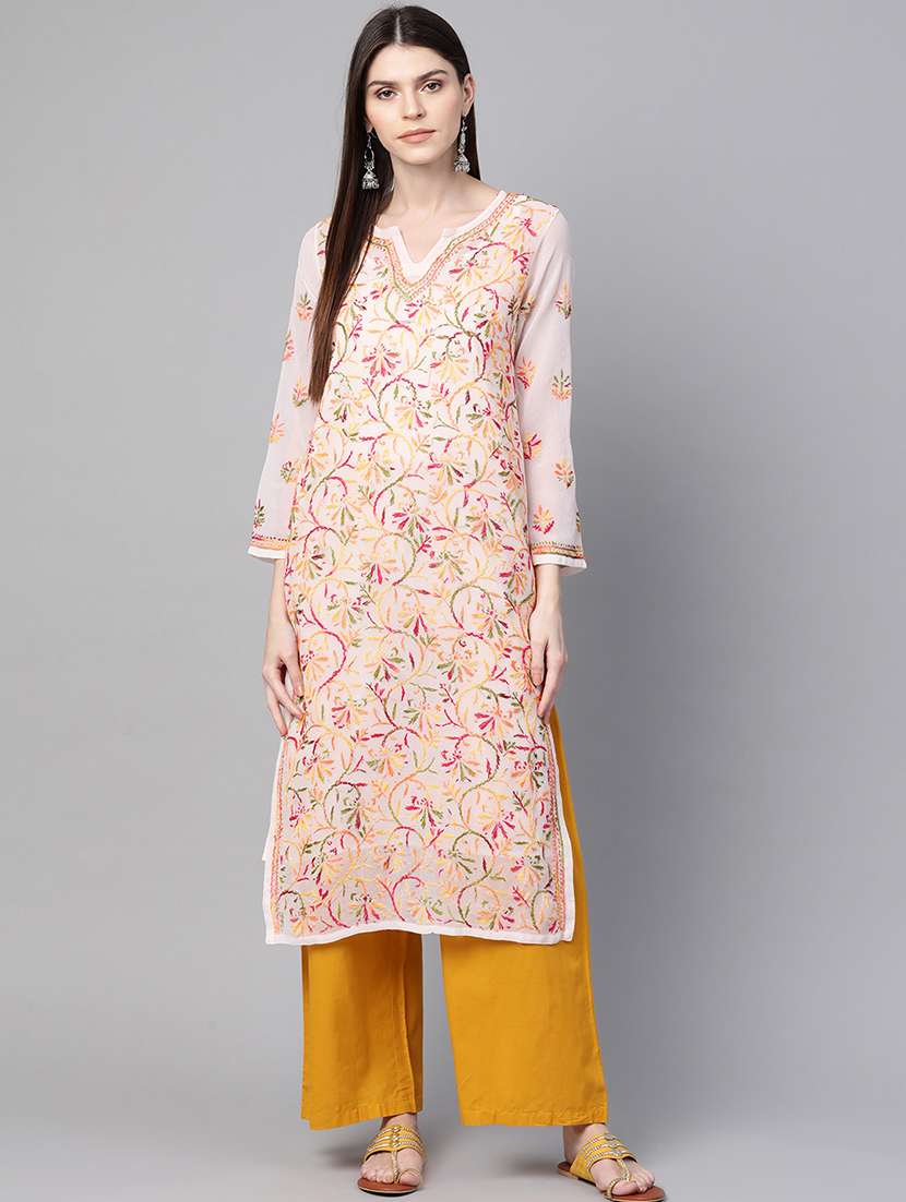women chikankari long sleeve straight kurta