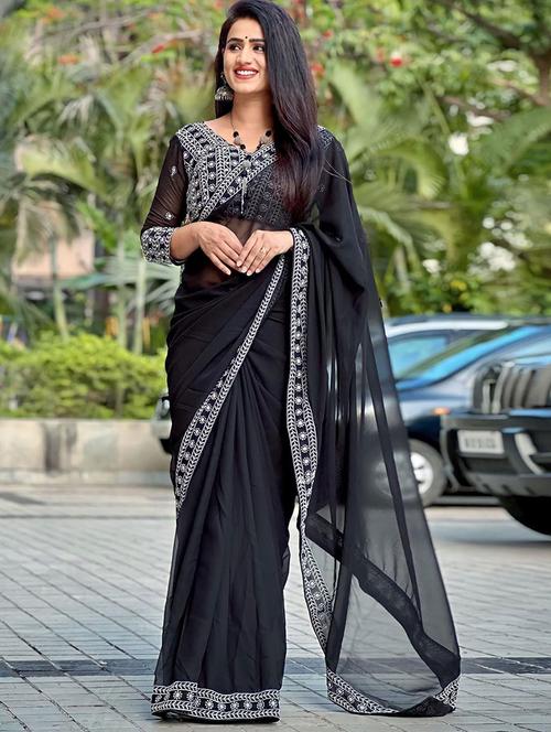 women black solid bordered saree with blouse - 21722055 - Standard Image - 0