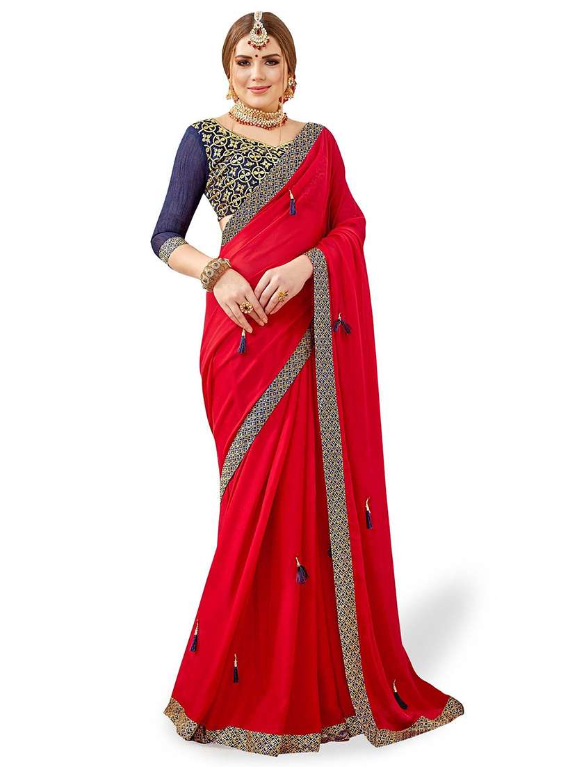 women solid with bordered saree with blouse