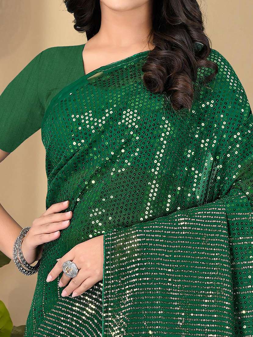 Women Green Sequin Work Saree With Blouse