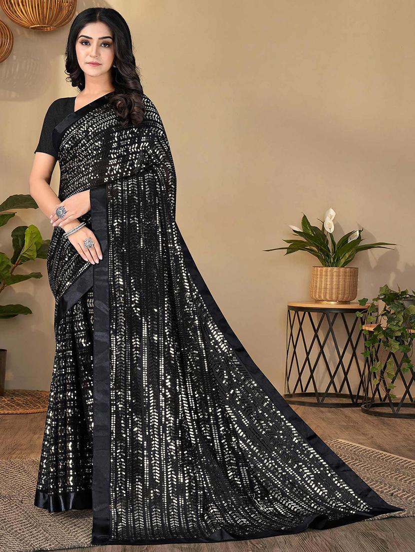 women black sequin work saree with blouse - 21722136 -  Zoom Image - 0