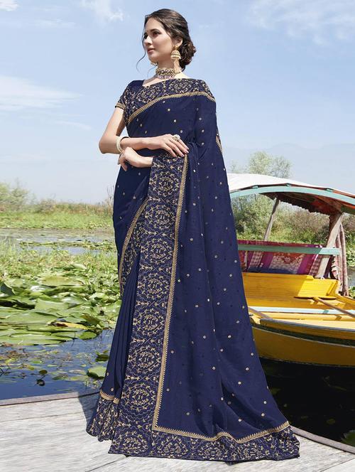 blue self design bordered saree with blouse - 21722316 -  Standard Image - 0