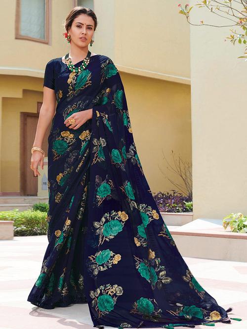 women blue floral prited saree with blouse - 21722337 - Standard Image - 0