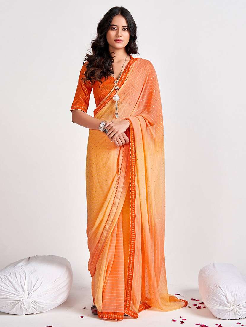 women orange sequin work saree with blouse