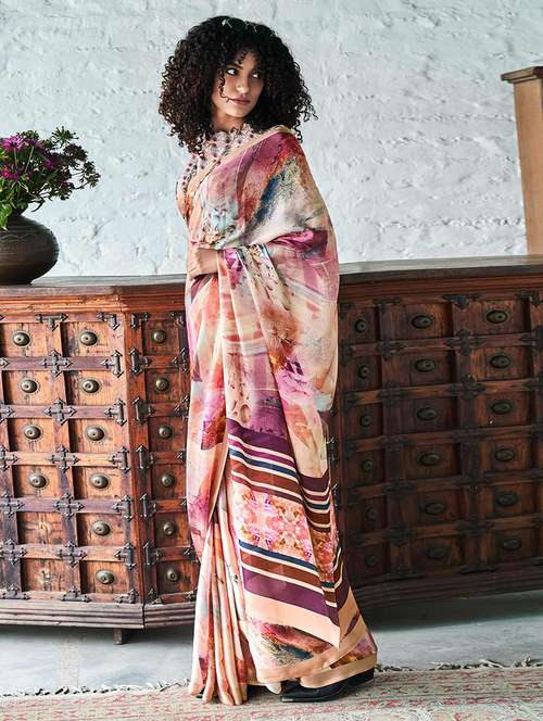 women peach printed saree with blouse - 21722454 -  Standard Image - 0