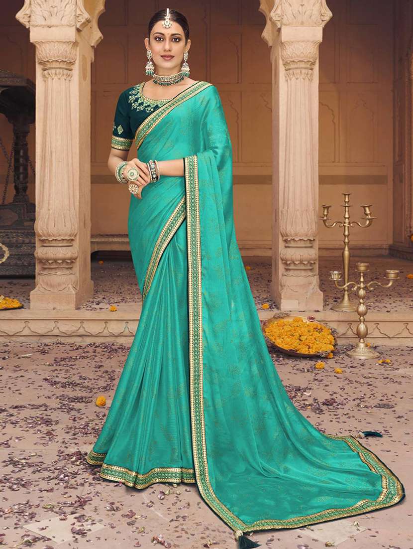 women sea green printed lace work saree with blouse