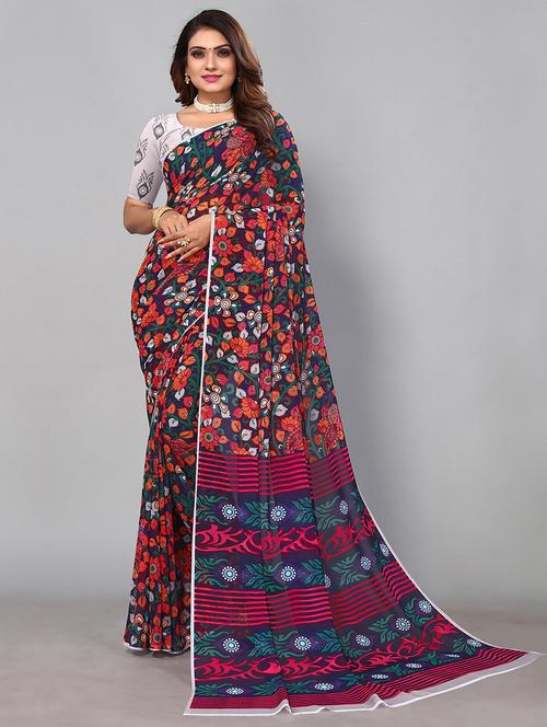 women blue printed saree with blouse - 21722949 -  Standard Image - 0