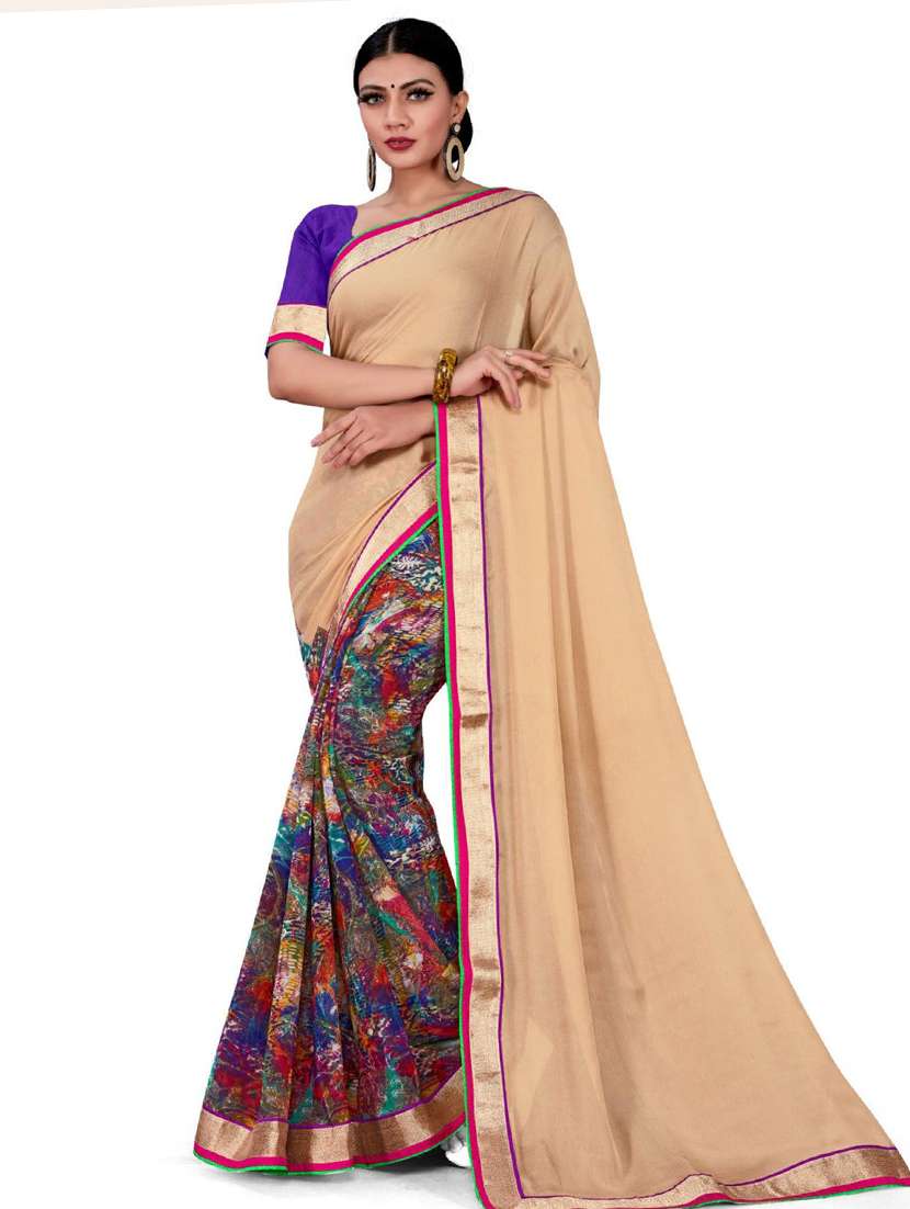 women beige printed half & half saree with blouse
