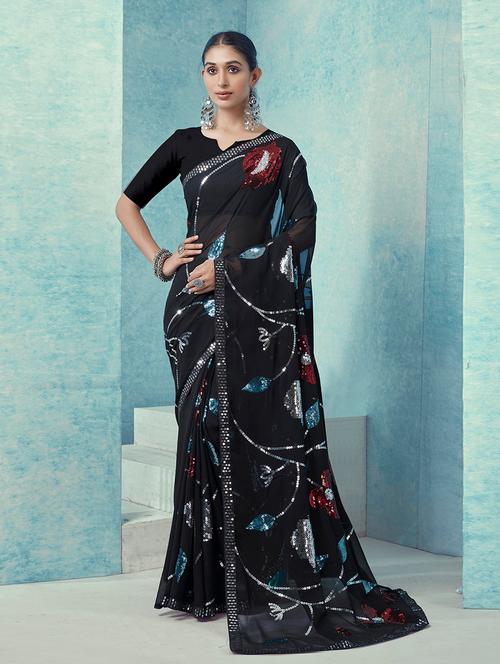 women black sequined embellished saree with blouse - 21723187 -  Standard Image - 0