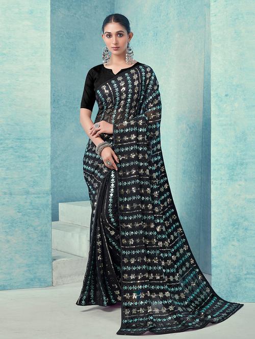 women black sequin work saree with blouse - 21723188 - Standard Image - 0
