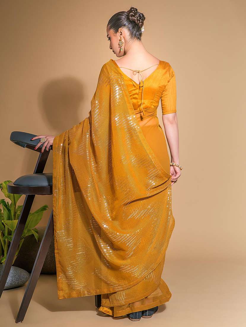 Women Mustard Sequined Embellished Saree With Blouse
