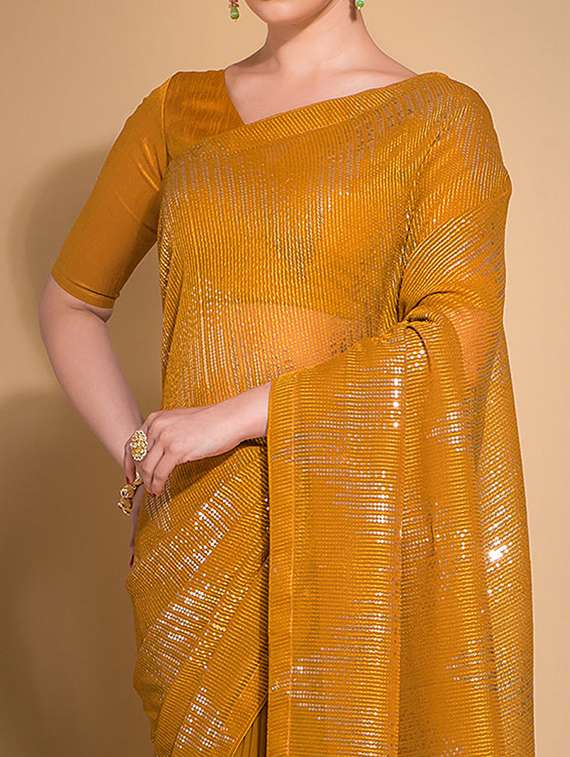 Women Mustard Sequined Embellished Saree With Blouse
