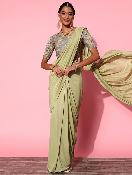 women green plain saree with blouse - 21723230 - Standard Image - 0
