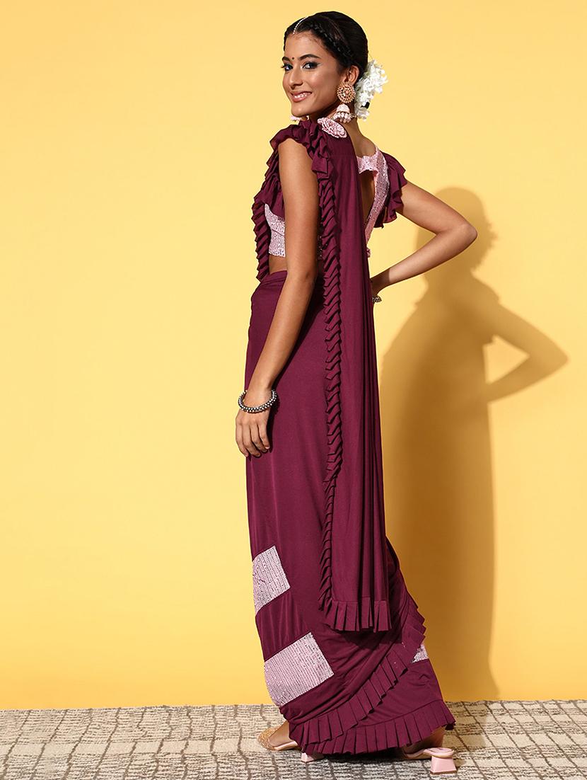 women purple sequin work ruffle saree with blouse - 21723231 - Standard Image - 2