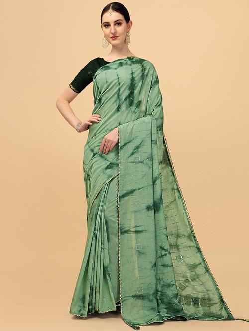 women green sequined tie & dye saree with blouse - 21723322 -  Standard Image - 0