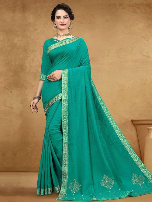 women turquoise embellished bordered saree with blouse - 21723323 -  Standard Image - 0