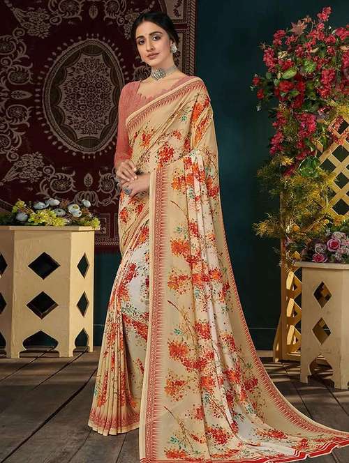 women beige floral printed saree with blouse - 21723469 -  Standard Image - 0