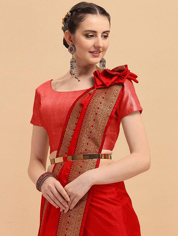 women red solid zari bordered saree with blouse - 21723494 - Standard Image - 2