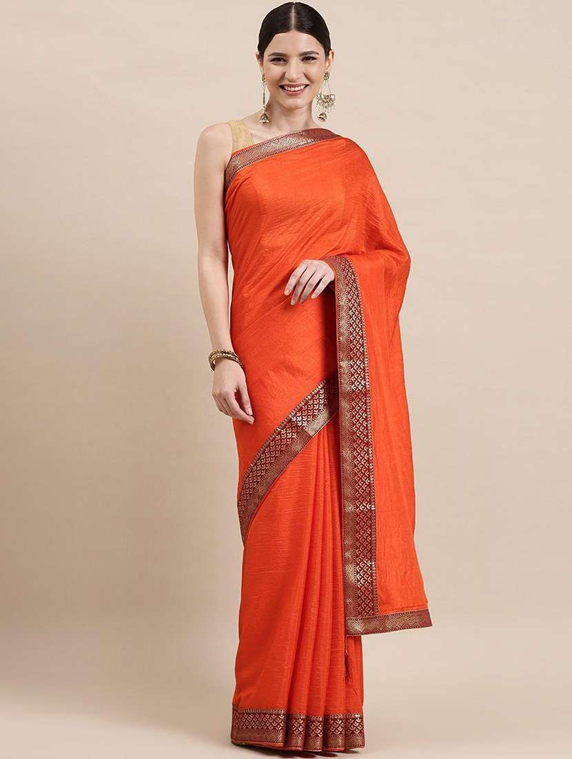 women orange solid zari bordered saree with blouse