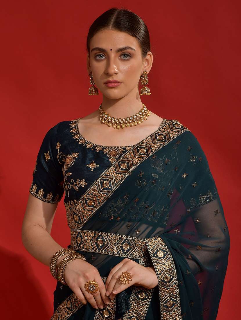 women teal sequin work georgette saree with blouse - 21723580 -  Standard Image - 2