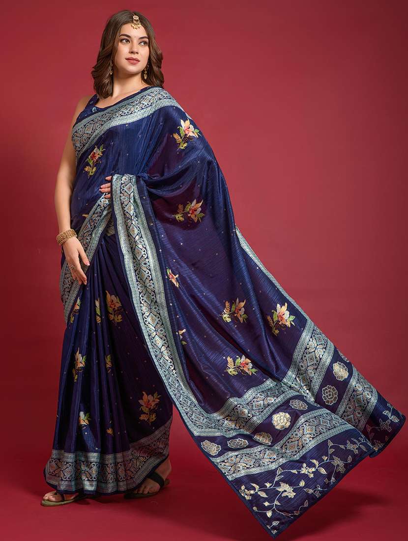 women blue floral bordered saree with blouse
