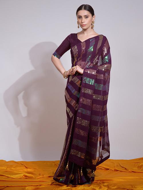 women purple sequin work georgette saree with blouse - 21723587 - Standard Image - 0