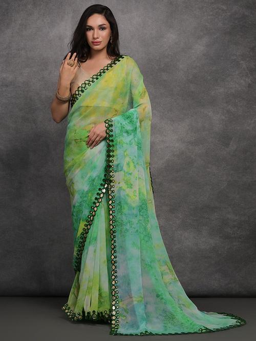 women green printed mirror work saree with blouse - 21723589 - Standard Image - 0
