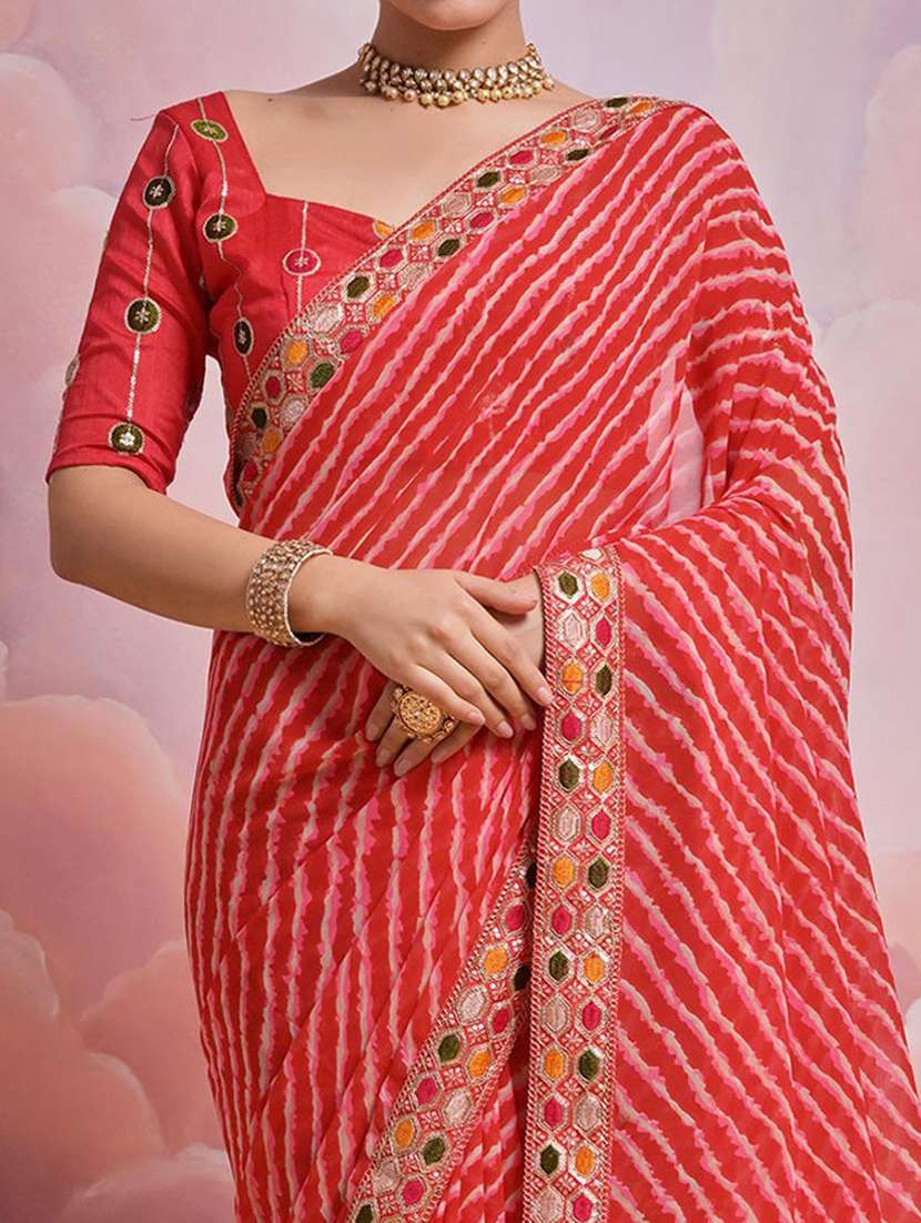 women red leheriya printed lace work saree with blouse - 21723591 -  Standard Image - 2