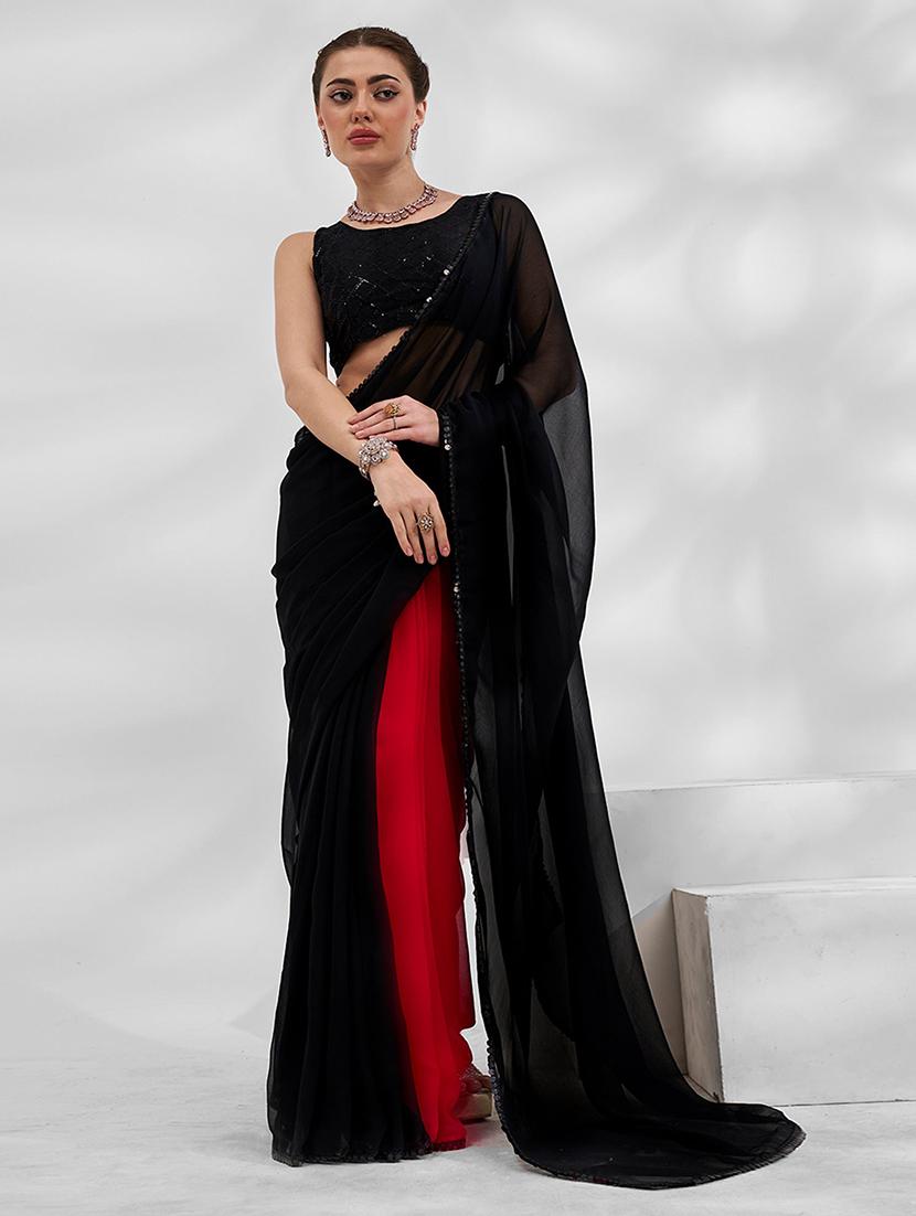 women black solid lace work saree with blouse - 21723596 - Zoom Image - 0