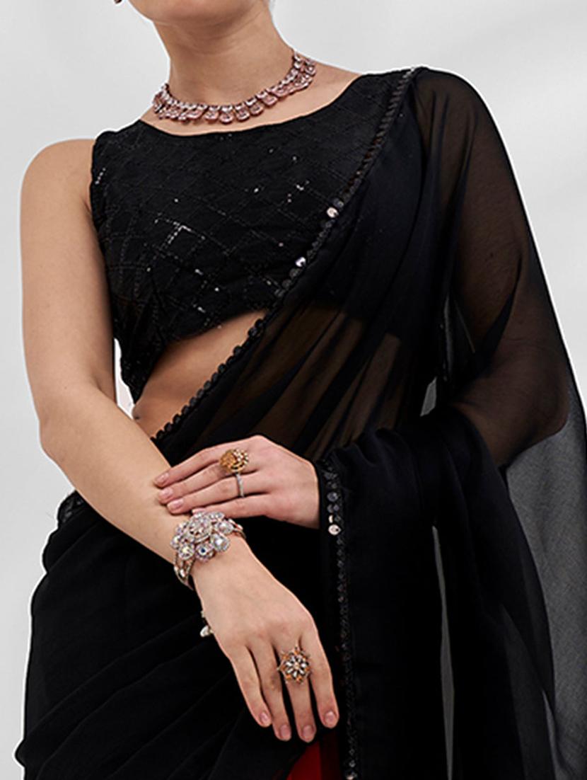 women black solid lace work saree with blouse - 21723596 - Standard Image - 2