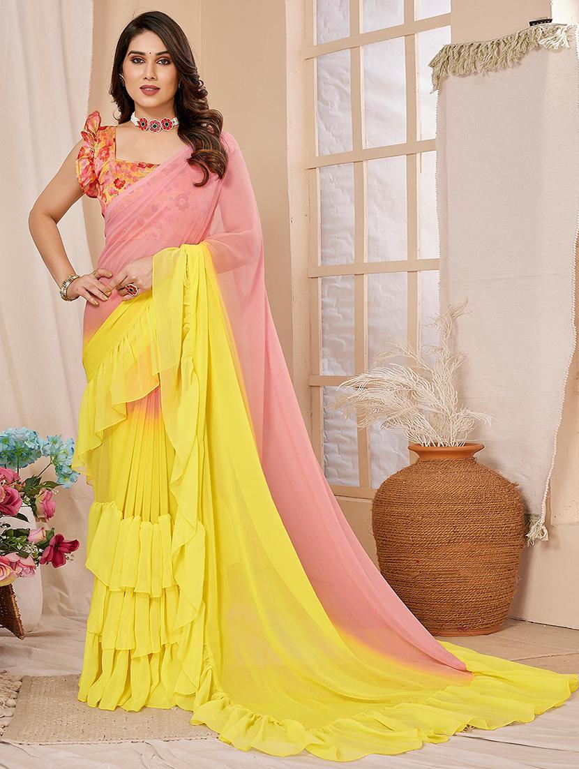 women yellow ombre ruffle saree with blouse - 21723636 - Zoom Image - 0