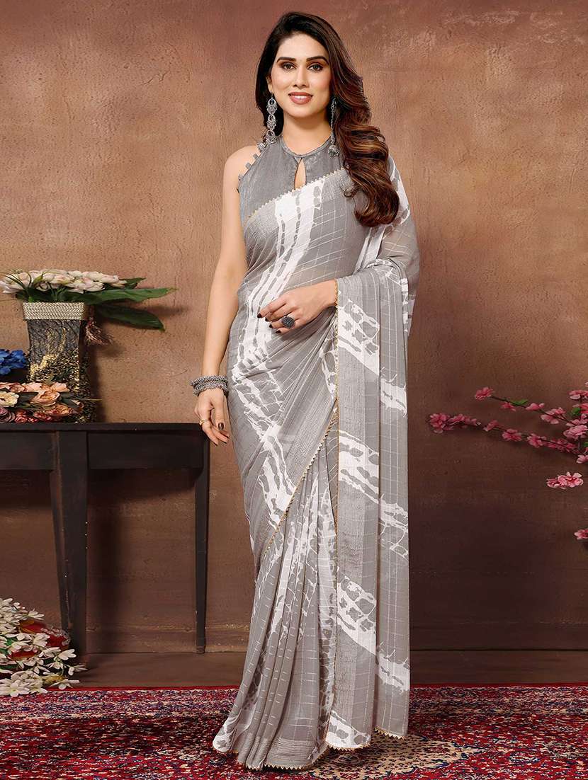 women grey printed saree with blouse