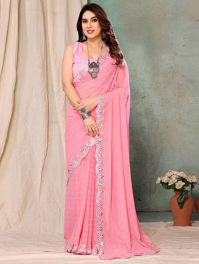 women pink embroidered mirror work saree with blouse