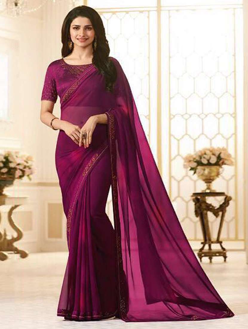 women purple solid lace work saree with blouse