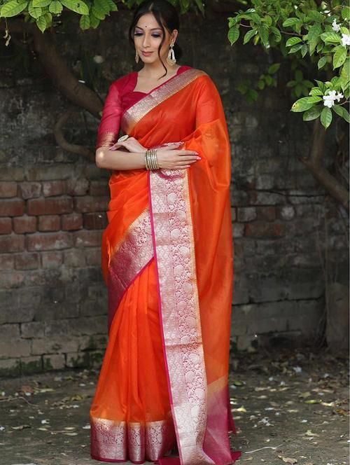 women orange solid zari bordered saree with blouse - 21723698 -  Standard Image - 0