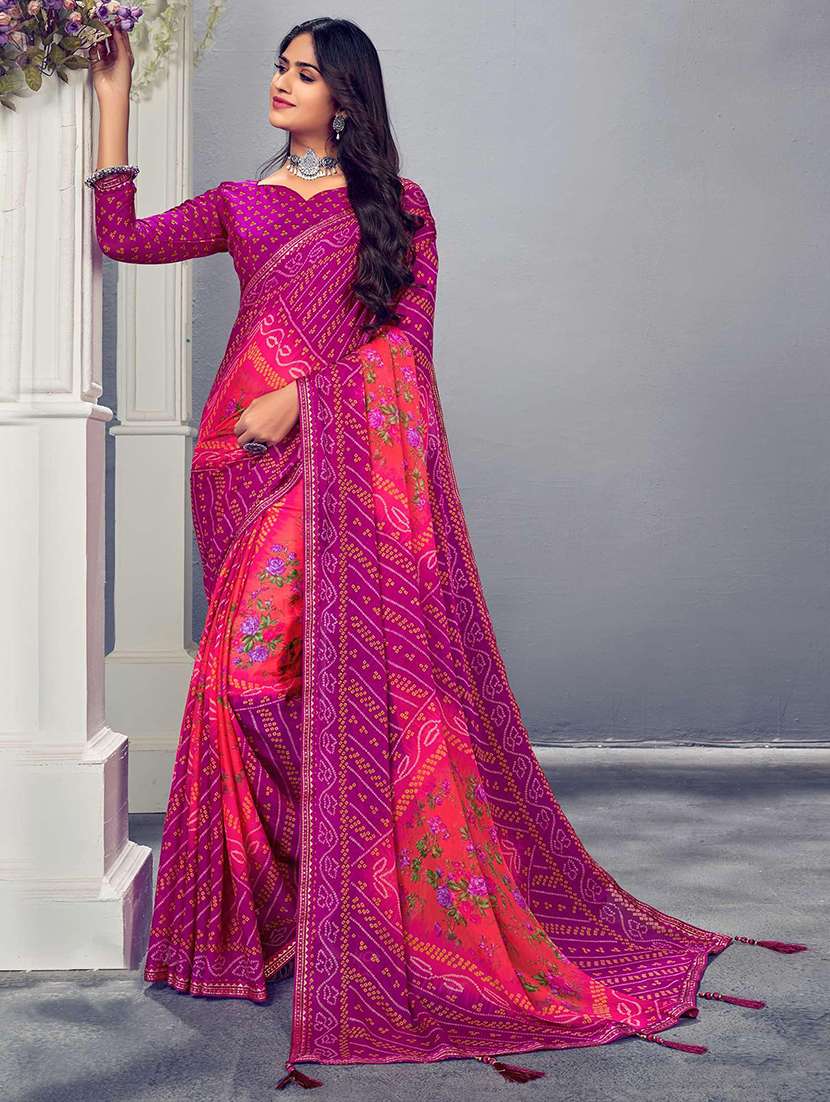 women bandhani printed saree with blouse