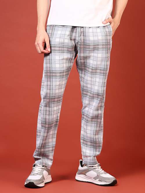 men grey checkered full length track pant - 21723990 -  Standard Image - 0