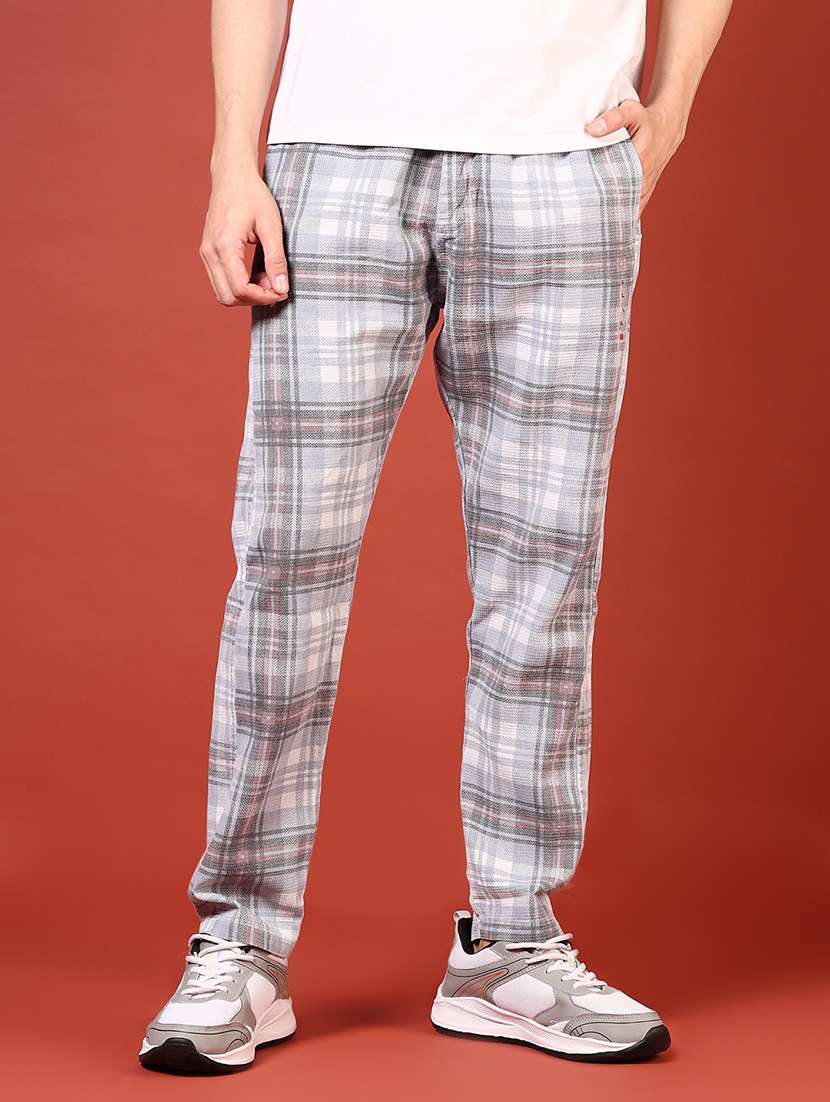 men grey checkered full length track pant