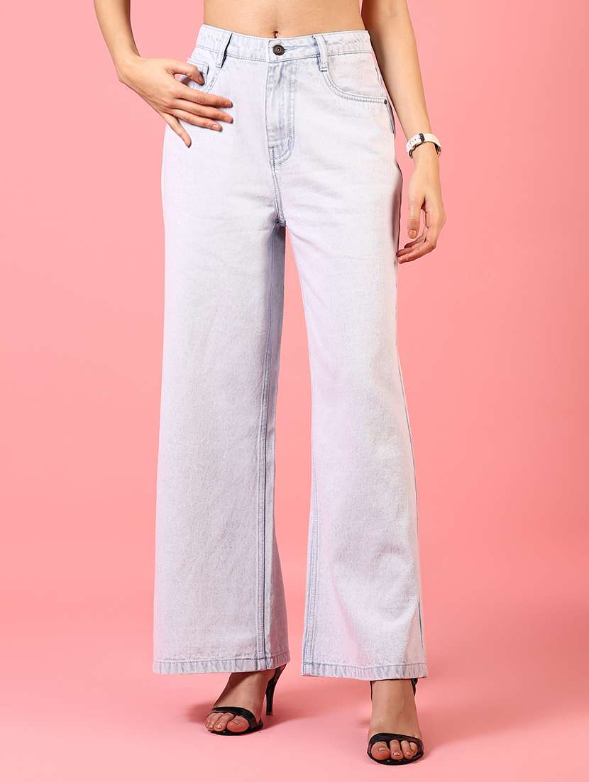 women solid high rise wide leg jean
