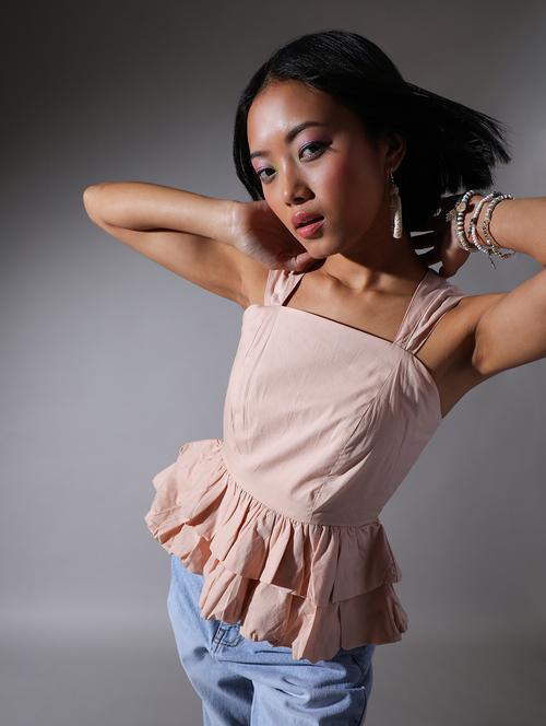 women beige solid square neck ruffle top - 21724047 - Standard Image - 0
