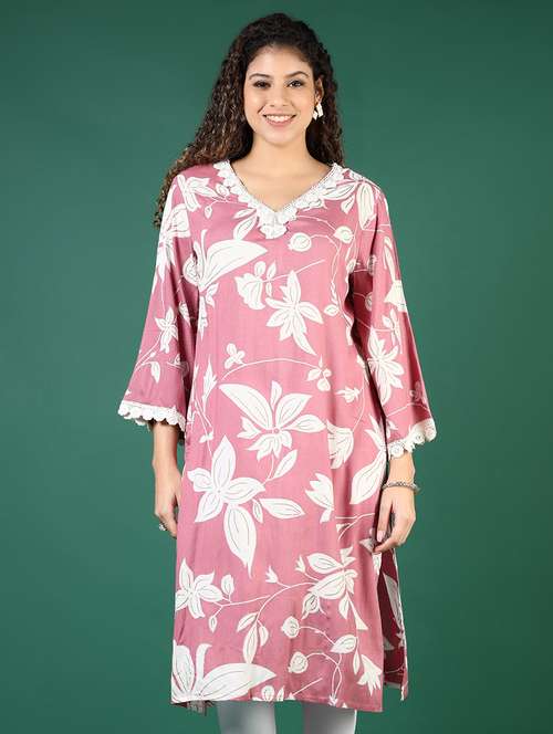 women floral printed three quarter sleeve straight kurta - 21724099 -  Standard Image - 0