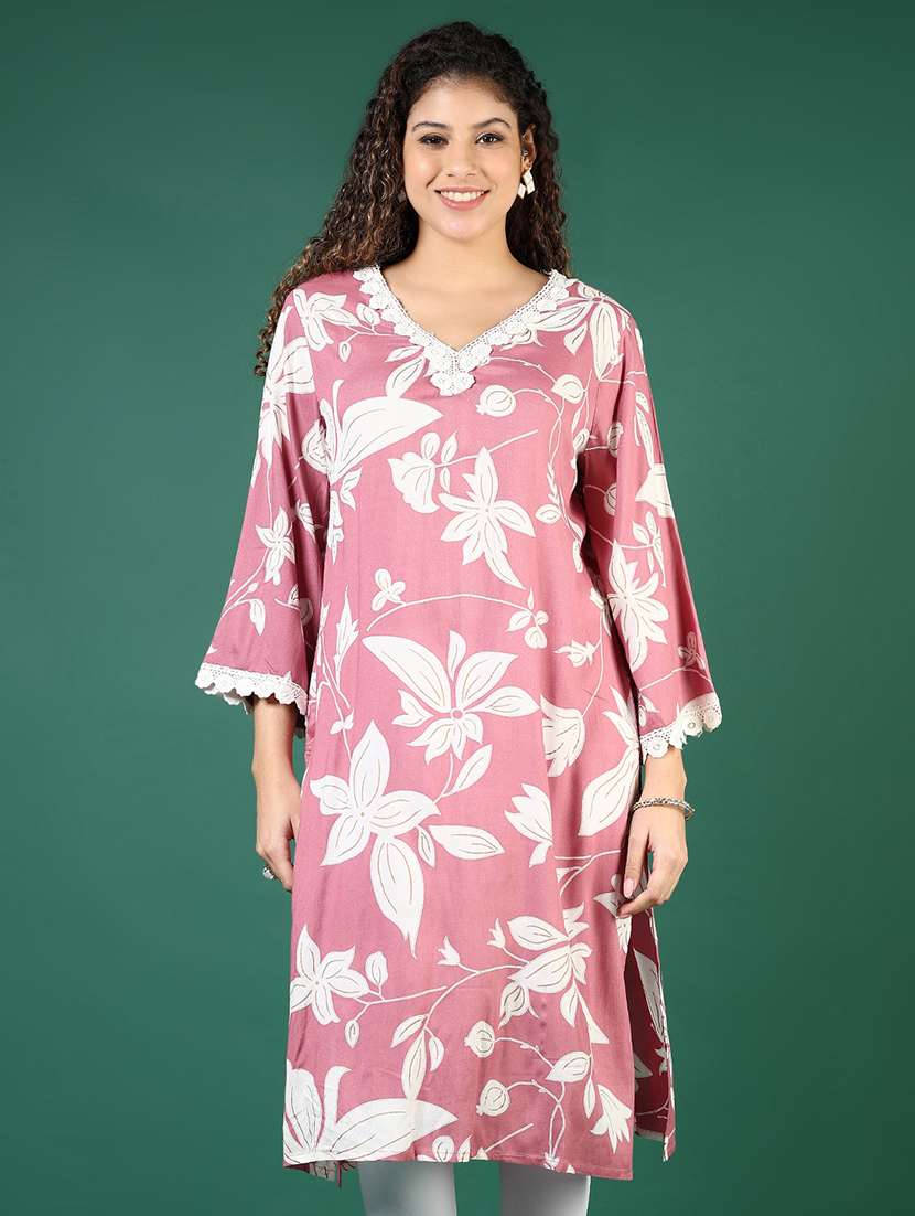 women floral printed three quarter sleeve straight kurta - 21724099 -  Zoom Image - 0