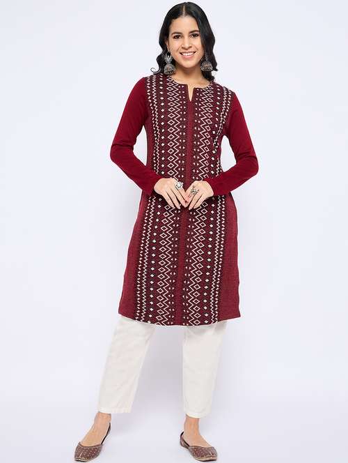 women self designed long sleeves woolen kurta - 21724285 - Standard Image - 0