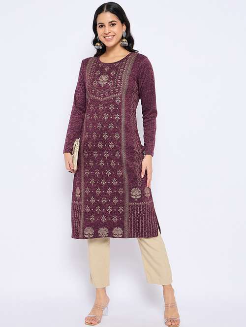 women self designed long sleeves woolen kurta - 21724291 -  Standard Image - 0