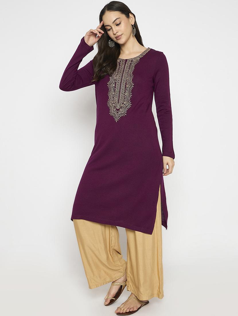 women embroidered long sleeves woolen kurta - 21724306 - Standard Image - 2
