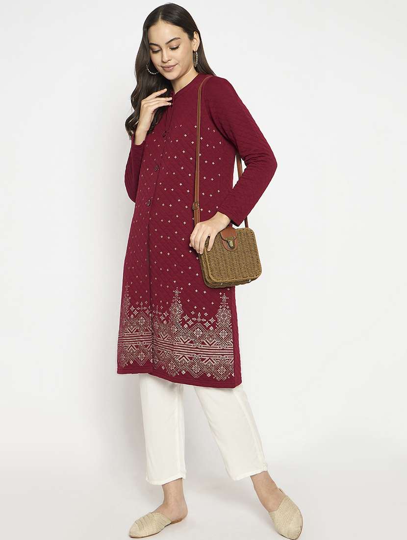 women printed long sleeves woolen kurta