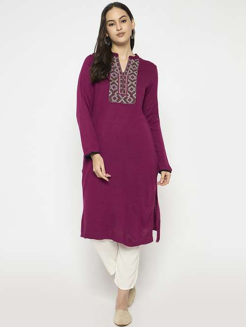 women embroidered long sleeves woolen kurta - 21724319 -  Standard Image - 0