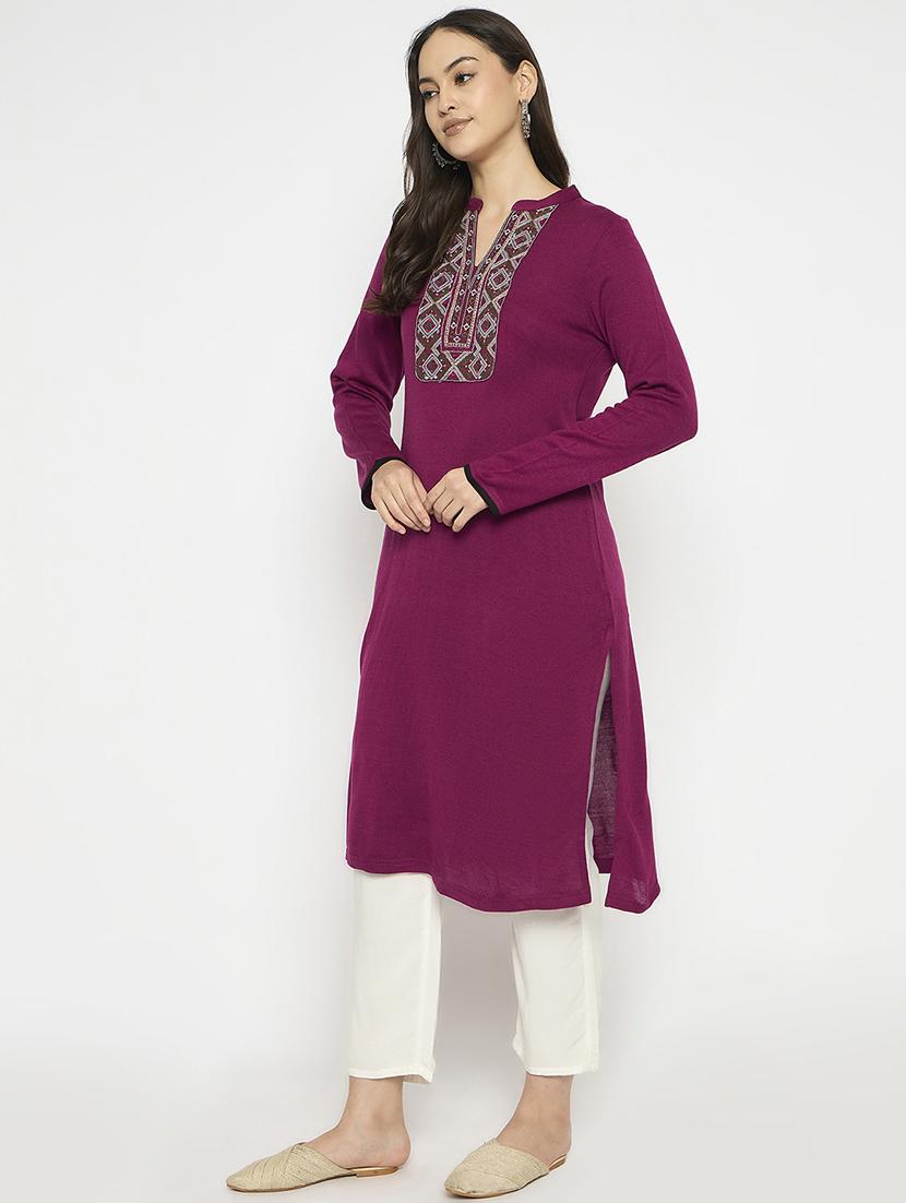 women embroidered long sleeves woolen kurta - 21724319 - Standard Image - 2